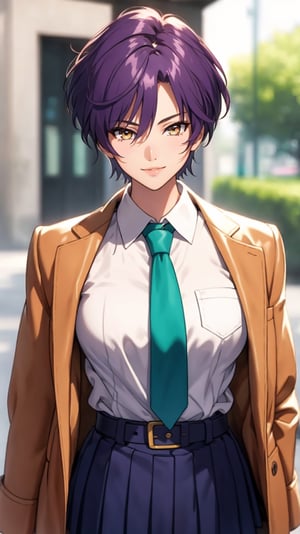 (masterpiece, best quality), intricate details, thin, ((slim)), beautiful girl,purple hair,short hair,(fashion short hair), white skin, maroon eyes,light brown cropped jacket,full lips,(mature figure:0.8), upper body closeup, smile,kind expression,haruka,aakusanagi,
white shirt,green tie,blue pleated skirt,leather belt,
frong_view