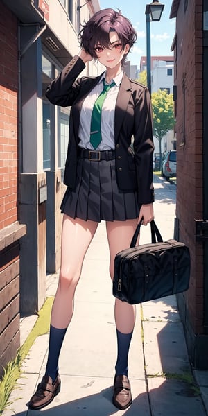 (masterpiece,  best quality:1.3),  highres,  1girl,  female_solo,  mature_female,  haruka,  aakusanagi,  short hair,  purple hair,  red eye,  smile,  makeup,  eye shadow,  (mature female:0.8),  wearing chic jacket,  chic jacket,  Exquisitely designed school uniforms,  (light brown short jacket:1.2),  (white_shirt:1.2),  (green tie:1.2),  navyblue pleated miniskirt,  leather_belt,  (black patyhose:1.4),  school shoes,  a schoolbag on shoulder,  in school,  outdoors,  standing,  full body shot,  ,  ,  
, ,