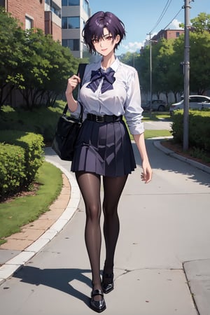 (masterpiece, best quality:1.3),highres,female_solo,mature_female,haruka,aakusanagi,NonoharaMikako, short hair, purple hair,red eye,smile,makeup, eye shadow,
Exquisitely designed school uniforms,white_blouse,leather_belt,pleated miniskirt,leather_belt,black thightights,standing,
Carrying a bag on the shoulder,
At the school gate,
full body shot