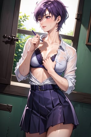 (masterpiece, best quality:1.3), highres, female_solo, mature_female, haruka, aakusanagi, NonoharaMikako, short hair, purple hair, red_eyes, smile, makeup, eye shadow,
(white_soked_shirt:1.2),
heavy sweating, wet_shirt, blue lace bra Under the soaked shirt , Shirt buttons 
half unbuttoned to reveal breasts and blue lace bra, pleated_skirt , leather_belt, black stockings, standing, Hands holding the collar of shirt,
cowboy_shoot, from side,
in class room, daytime, , , ,
low angle shot,low perspective