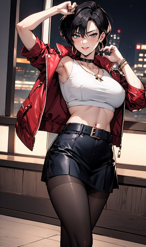 1girl,solo, looking at viewer, smile, short hair,long bangs,one-eye covered by bangs,black_hair,middle_breasts,blue_eyes,
standing,arm up,leg_spread,hand_on_hip,
,jewelry,red_cropped_jacket, (black_pantyhose:1.3), multicolored hair, cowboy shot, sweat, earrings, parted lips, choker,(navyblue_miniskirt:1.2),pleated_skirt,necklace, nail polish, bracelet,white_top,crop top,black_nails,navel, 
belt,

indoors,nightclub,dim_light,night,
mature female,short hair,haruka,curvy_figure,big_hip,thighs,slender,Tomboy,Handsome Tomboy,(Hands:1.1), ,better_hands,