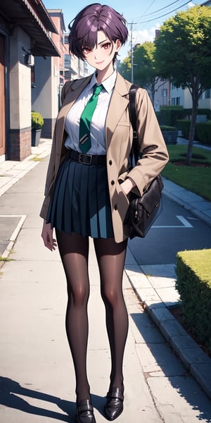 (masterpiece,  best quality:1.3),  highres,  1girl, female_solo,  mature_female,  haruka,  aakusanagi,  short hair,  purple hair,  red eye,  smile,  makeup,  eye shadow, (mature female:0.8), wearing chic jacket, chic jacket, 
Exquisitely designed school uniforms, (light brown short jacket:1.2),  (white_shirt:1.2), (green tie:1.2), navyblue pleated miniskirt,  leather_belt,  (black patyhose:1.4), school shoes, 
a schoolbag on shoulder, 
in school,  outdoors,  standing, right hand on chest and left hand on waist,  full body shot, , , 
