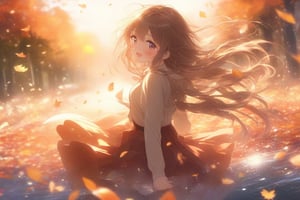 (masterpiece:1.2), best quality, anime, long hair, windblown, hair strands, light particle, 1girl, very short skirt, perfect face, cinematic lighting, shiny, sharp focus, depth of field, female, bloom, dramatic, blush, backlighting, gradient colors hair, interest, falling, slipped, pixiv, particles, water splashes, fall_leaves, forest environment