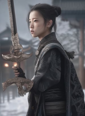 1boy,Chinese ancient style, black and gray tones, hazy feeling, sword fairy, movie shot, photo realism, shot from a low angle, a young heroine, very handsome, big eyes, focused on eyes, close-up, high cold, crazy details, movie lighting, ultra high definition, cg rendering, volume lighting, unreal engine