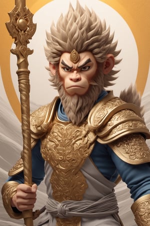 (full body) Sun Wukong ,holding staff, angry expression, fighting pose, masterpiece artwork, white accent, detailed face features, sharp eyes, extremely detailed, intricate details, muted color scheme, subtle gradients, photorealistic, 8k, 3d style