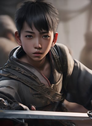 Chinese ancient style, 1boys, black and gray tones, hazy feeling, sword fairy, movie shot, photo realism, shot from a low angle, a young heroine, very handsome, big eyes, focused on eyes, close-up, high cold, crazy details, movie lighting, ultra high definition, cg rendering, volume lighting, unreal engine