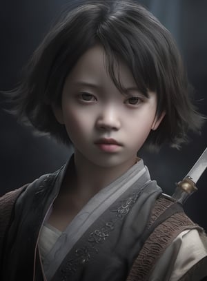 1boy,Chinese ancient style, black and gray tones, hazy feeling, sword fairy, movie shot, photo realism, shot from a low angle, a young heroine, very handsome, big eyes, focused on eyes, close-up, high cold, crazy details, movie lighting, ultra high definition, cg rendering, volume lighting, unreal engine