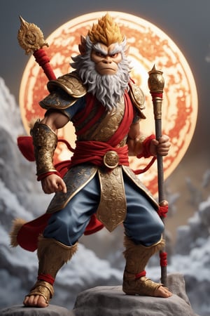 (full body) Sun Wukong ,holding staff, angry expression, fighting pose, masterpiece artwork, white accent, detailed face features, sharp eyes, extremely detailed, intricate details, muted color scheme, subtle gradients, photorealistic, 8k, 3d style