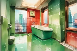 masterpiece, watercolor sketch,Dusk, old bathroom in Taipei, (green walls:1), (red floor tiles:1), white bathtub, high-rise buildings outside the window, wide angle