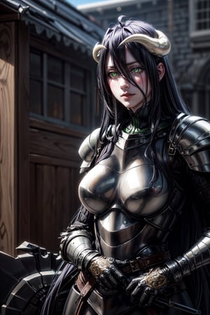 (best quality:1.4),  (detailed:1.3),  (RAW photo:1.2),  (realistic:1.3),  highres,  intricate, 8K quality , cinematic lighting, light skin, green pearl eyes, woman, black knight armour, (black Pegasus:1.1), outside ,albedo