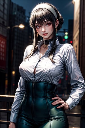 (best quality:1.4),  (detailed:1.3),  (RAW photo:1.2),  (realistic:1.3),  highres,  intricate, 8K wallpaper, cinematic lighting, woman, large breasts,((round breasts:1.3)), accentuated breasts, narrow hips, white hairband, red eyes, gold earrings, jewelry, choker, office lady, white shirt, collared shirt, green vest, long sleeves, green skirt, nighttime, smiling,bbyorf, short hair with long locks,white hairband,large breasts