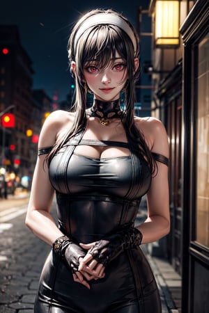 (best quality:1.4),  (detailed:1.3),  (RAW photo:1.2),  (realistic:1.3),  highres,  intricate, 8K wallpaper, cinematic lighting, woman, large breasts,((round breasts:1.3)), accentuated breasts, narrow hips, white hairband, red eyes, gold earrings, jewelry, choker, bare shoulders, black dress, two-sided dress, fingerless gloves, thigh boots, nighttime, smiling,bbyorf, short hair with long locks,white hairband
