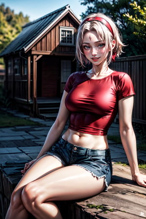 (best quality:1.4),  (detailed:1.3),  (RAW photo:1.2),  (realistic:1.3),  highres,  intricate, 8K quality , cinematic lighting, light skin, woman, forehead mark, red hairband, red t-shirt, blue shorts, outside, wooden house, sitting on a rock, smiling,haruno sakura,sakura haruno