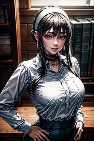 (best quality:1.4),  (detailed:1.3),  (RAW photo:1.2),  (realistic:1.3),  highres,  intricate, 8K wallpaper, cinematic lighting, woman, large breasts,((round breasts:1.3)), accentuated breasts, narrow hips, white hairband, red eyes, gold earrings, jewelry, choker, office lady, white shirt, collared shirt, (green vest:0.9), long sleeves, green skirt, smiling,bbyorf, short hair with long locks,white hairband,large breasts