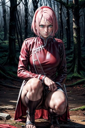 (best quality:1.4),  (detailed:1.3),  (RAW photo:1.2),  (realistic:1.3),  highres,  intricate, 8K quality , cinematic lighting, light skin, woman, forehead mark, red hairband, military clothing,kunai dark forest, squatting , serious face,haruno sakura,haruno