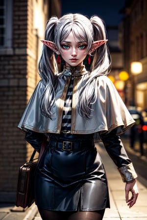 (best quality:1.4),  (detailed:1.3),  (RAW photo:1.2),  (realistic:1.3),  highres,  intricate, 8K quality , cinematic lighting, woman,  grey hair, twin_tails, green eyes, pointy ears, elf, light skin,( beautiful clean eyes:1.1), shirt, long sleeves, jewelry, pantyhose, earrings, striped, black pantyhose, capelet, striped shirt, large brown briefcase, village , thighs focus,frieren