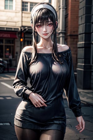 (best quality:1.4),  (detailed:1.3),  (RAW photo:1.2),  (realistic:1.3),  highres,  intricate, 8K wallpaper, cinematic lighting, woman, large breasts,((round breasts:1.3)), accentuated breasts, narrow hips, white hairband, red eyes, gold earrings, jewelry, off shoulder, (red sweater, sweater dress:1.1), long sleeves, black pantyhose, outdoors, smiling,bbyorf, short hair with long locks