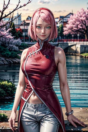 (best quality:1.4),  (detailed:1.3),  (RAW photo:1.2),  (realistic:1.3),  highres,  intricate, 8K quality , cinematic lighting, light skin, woman, forehead mark, red hairband, red sleeveless dress, white pants, groin, cherry blossom, large lake, smiling, haruno sakura