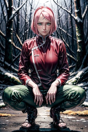(best quality:1.4),  (detailed:1.3),  (RAW photo:1.2),  (realistic:1.3),  highres,  intricate, 8K quality , cinematic lighting, light skin, woman, forehead mark, red hairband, military clothing,kunai dark forest, squatting, spread legs, serious face,haruno sakura,haruno