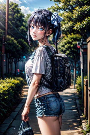 (best quality:1.4),  (detailed:1.3),  (RAW photo:1.2),  (realistic:1.3),  highres,  intricate, 8K quality , cinematic lighting, light skin, woman, blue shorts, white t-shirt , blue eyes, bow, side ponytail, blue hair, bag pack, forest, walking, sunny day, smiling ,minasenagisa