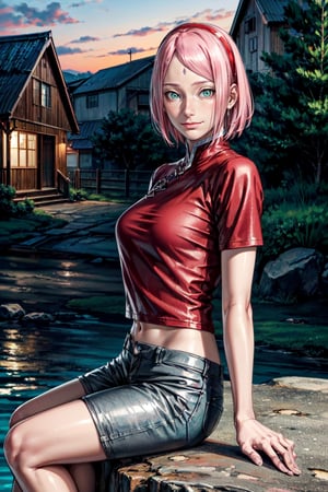(best quality:1.4),  (detailed:1.3),  (RAW photo:1.2),  (realistic:1.3),  highres,  intricate, 8K quality , cinematic lighting, light skin, woman, forehead mark, red hairband, red t-shirt, blue shorts, outside, wooden house, sitting on a rock, smiling,haruno sakura