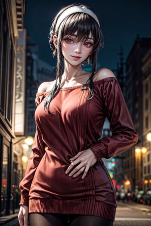 (best quality:1.4),  (detailed:1.3),  (RAW photo:1.2),  (realistic:1.3),  highres,  intricate, 8K wallpaper, cinematic lighting, woman, large breasts,((round breasts:1.3)), accentuated breasts, narrow hips, white hairband, red eyes, gold earrings, jewelry, off shoulder, (red sweater, sweater dress:1.1), long sleeves, (black pantyhose:1.2), outdoors, smiling,bbyorf, short hair with long locks