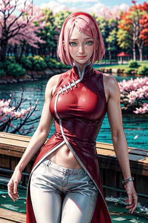 (best quality:1.4),  (detailed:1.3),  (RAW photo:1.2),  (realistic:1.3),  highres,  intricate, 8K quality , cinematic lighting, light skin, woman, forehead mark, red hairband, red sleeveless dress, white pants, groin, cherry blossom, large lake, smiling, haruno sakura