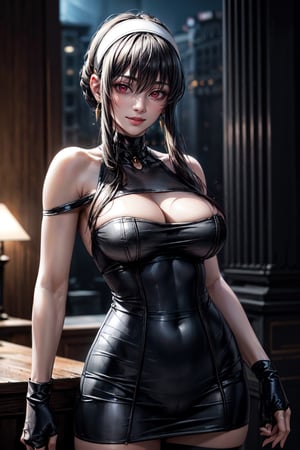 (best quality:1.4),  (detailed:1.3),  (RAW photo:1.2),  (realistic:1.3),  highres,  intricate, 8K wallpaper, cinematic lighting, woman, large breasts,((round breasts:1.3)), accentuated breasts, narrow hips, white hairband, red eyes, gold earrings, jewelry, choker, bare shoulders, black dress, two-sided dress, fingerless gloves, thigh boots, nighttime, smiling,bbyorf, short hair with long locks,white hairband