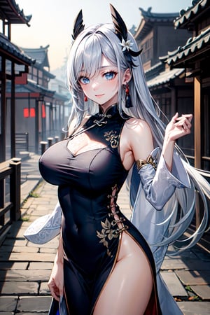 best quality:1.4), (detailed:1.3), (RAW photo:1.2), highres, intricate, 8K wallpaper, cinematic lighting, photorealistic, beautiful clean smile, one woman, female_solo, LONG_HAIR, BLUE_EYES, BANGS, HAIR_OVER_ONE_EYE, BREASTS, HAIR_ORNAMENT, LARGE_BREASTS, JEWELRY, GREY_HAIR, WHITE_HAIR, TASSEL, EARRINGS, VERY_LONG_HAIR, BRAID, frostflower dew\) \(genshin impact\), hair flower, black china dress, detached sleeves, black pumps, thighlet ,chinese background, stone bridge, long pathway, large chinese village, ancient setting, nighttime , cowboy shot, shenhe_genshin 
