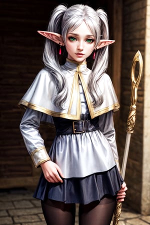 (best quality:1.4),  (detailed:1.3),  (RAW photo:1.2),  (realistic:1.3),  highres,  intricate, 8K quality , cinematic lighting, woman,  grey hair, twin_tails, green eyes, pointy ears, elf, light skin,( beautiful clean eyes:1.1), shirt, long sleeves, jewelry, pantyhose, earrings, striped, black pantyhose, capelet, striped shirt, magic staff, village , thighs focus,frieren