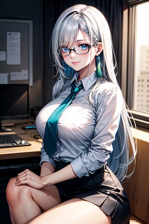 best quality:1.4), (detailed:1.3), (RAW photo:1.2), highres, intricate, 8K wallpaper, cinematic lighting, photorealistic, beautiful clean smile, one woman, female_solo, LONG_HAIR, BLUE_EYES, BANGS, HAIR_OVER_ONE_EYE, BREASTS, HAIR_ORNAMENT, LARGE_BREASTS, JEWELRY, GREY_HAIR, WHITE_HAIR, TASSEL, EARRINGS, VERY_LONG_HAIR, BRAID, short skirt, office_lady, white shirt , green collar tie, glasses, sitting on desk, crossed legs, cowboy shot, shenhe_genshin 