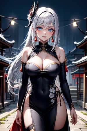 best quality:1.4), (detailed:1.3), (RAW photo:1.2), highres, intricate, 8K wallpaper, cinematic lighting, photorealistic, beautiful clean smile, one woman, female_solo, LONG_HAIR, BLUE_EYES, BANGS, HAIR_OVER_ONE_EYE, BREASTS, HAIR_ORNAMENT, LARGE_BREASTS, JEWELRY, GREY_HAIR, WHITE_HAIR, TASSEL, EARRINGS, VERY_LONG_HAIR, BRAID, frostflower dew\) \(genshin impact\), hair flower, black china dress, detached sleeves, black pumps, thighlet ,chinese background, stone bridge, long pathway, large chinese village, ancient setting, nighttime , cowboy shot, shenhe_genshin 