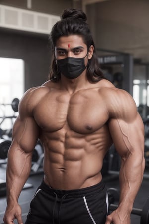 Indian man with a balck mask on his face in a gym, long thick hair , fit physique, aesthetic body , lean and aaesthetic , aesthetic build, fitness model, perfect muscle structure, exaggerated muscle physique, strong masculine features, aesthetic build, strong and aesthetic, 6 pack, ripped, bulging muscles, defined muscles, prefect body, strong body