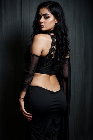 (realistic image , detailed bbw woman , aeisthatic bbw figure of woman , full saree woman  , detailed image of indian goth woman, gothic woman , detailed gothic indian woman face , dark long black hair , horror image , horror back ground , ) beautiful chubby indian gothic woman in black saree standing in dark room , detailed face , detailed fingers , thick body , black lipstic , traditional look,Gothic,g0thicsh33rdr3ss, black/red dress