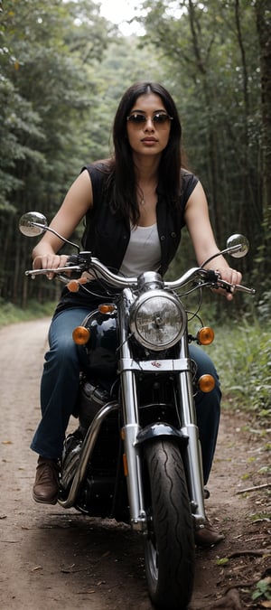 beautiful indian woman riding A vintage classic motorcycle  majestically amidst a lush tropical forest, detailed classic aviator sunglasses, with precise attention to detail. The bike's chrome accents glimmer under the warm sunlight, casting subtle shadows on the rich soil. In the background, the dense foliage of exotic plants and trees stretches upwards, their leaves rustling softly in the gentle breeze. The image is so detailed it appears 3D, as if you could reach out and touch the motorcycle's leather seat or the forest's intricate textures, image captured by Sony A7 IV 