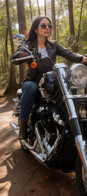 beautiful indian woman riding A vintage classic motorcycle  majestically amidst a lush tropical forest, detailed classic aviator sunglasses, with precise attention to detail. The bike's chrome accents glimmer under the warm sunlight, casting subtle shadows on the rich soil. In the background, the dense foliage of exotic plants and trees stretches upwards, their leaves rustling softly in the gentle breeze. The image is so detailed it appears 3D, as if you could reach out and touch the motorcycle's leather seat or the forest's intricate textures, image captured by Sony A7 IV 