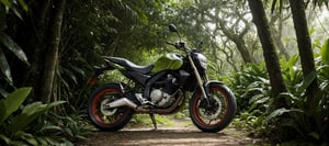 In this meticulously crafted image, a sleek and powerful super bike stands majestically amidst the lush canopy of a tropical forest. The bike's chrome pipes glint in the warm sunlight filtering through the dense foliage, as the intricate details of its design are rendered with unparalleled realism. In the background, the dense underbrush of the tropical forest is depicted with precision, featuring vibrant green leaves, twisting vines, and exotic flowers, all blending seamlessly together to create a breathtakingly detailed and realistic scene.