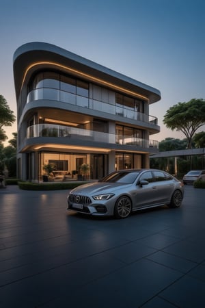 a modern home with clean look ,morning lighting  , beautiful building in car shape 
  ,modern design, detailed car shape building , front view image ,noc-futuristic