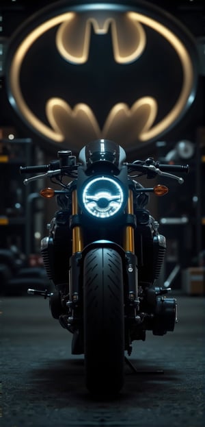 detailed aesthatic batman's modified cafe racer with clubman handlebars  motorcycle, batman's modified drift motorcycle , aesthatic pose  , detailed  modifeied batman's motorcycle ,detailed  bat signal in background , detailed  black color matt finish , life like image , 32k,16k,8k,4k, detailed batcave in background , motorcycle  ,bike silencer  , perfect motorcycle , detailed halo circle led headlight, detailed tire , perfect suspansion , extremely detailed life like image, high pixal image ,2160p IMAGE , image captured by sony A7 iv