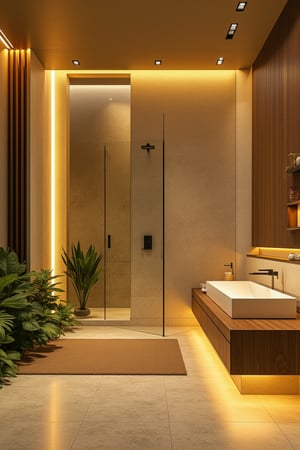 a modern home with clean look ,golden  lighting  , morden bathroom
  ,modern design, detailed golden 
 lighting in background , detailed glass wall and plants  in background,
futuristic
