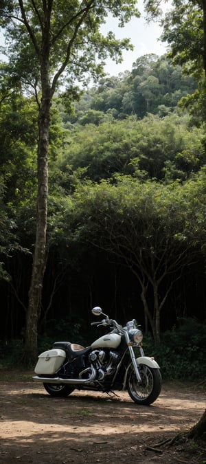 A majestic classic Indian motorcycle stands proud amidst a lush tropical forest at sunset. The bike's gleaming chrome and rich wooden accents glisten under the warm orange glow of the setting sun. In the background, the dense foliage stretches towards the sky, with vines and creepers snaking around ancient tree trunks. A Dutch angle view adds depth to the composition, drawing the viewer's eye to the harmonious blend of man and nature. The image is a testament to realism, with every detail meticulously rendered in 32k resolution.