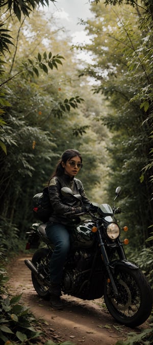 beautiful indian woman riding A vintage classic motorcycle  majestically amidst a lush tropical forest, detailed classic aviator sunglasses, with precise attention to detail. The bike's chrome accents glimmer under the warm sunlight, casting subtle shadows on the rich soil. In the background, the dense foliage of exotic plants and trees stretches upwards, their leaves rustling softly in the gentle breeze. The image is so detailed it appears 3D, as if you could reach out and touch the motorcycle's leather seat or the forest's intricate textures, image captured by Sony A7 IV,Mallu,Girl,Indian