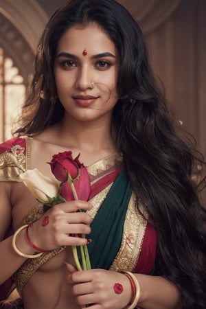 full body image of topless beautiful indian woman in red sari  holding rose flowers in her hands ,realistic flowers, sexy , realistic image ,perfect face , perfect body , perfect face ,Masterpiece,sexy  ,More Detail, erotic expreasion on face,black  long hair, EXTREAME REALISTIC ,perfect anatomy 
