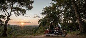 A majestic classic Indian motorcycle stands proud amidst a lush tropical forest at sunset. The bike's gleaming chrome and rich wooden accents glisten under the warm orange glow of the setting sun. In the background, the dense foliage stretches towards the sky, with vines and creepers snaking around ancient tree trunks. A Dutch angle view adds depth to the composition, drawing the viewer's eye to the harmonious blend of man and nature. The image is a testament to realism, with every detail meticulously rendered in 32k resolution.