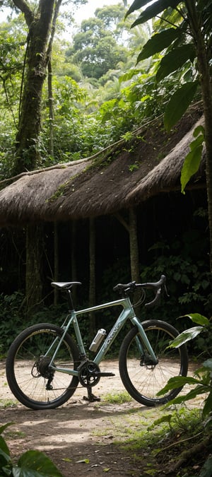 In this meticulously crafted image, a sleek and powerful super bike stands majestically amidst the lush canopy of a tropical forest. The bike's chrome pipes glint in the warm sunlight filtering through the dense foliage, as the intricate details of its design are rendered with unparalleled realism. In the background, the dense underbrush of the tropical forest is depicted with precision, featuring vibrant green leaves, twisting vines, and exotic flowers, all blending seamlessly together to create a breathtakingly detailed and realistic scene.