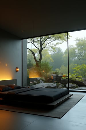 a modern home with clean look ,morning lighting  , japanese low bed with black bed sheet   
  ,modern design, detailed morning lighting in background, front view image  , detailed glass wall and plants  in background,noc-futuristic