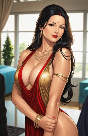 core_9, score_8_up,score_7_up, anime,savita,solo focus, in  red saree, masterpiece,full body ,gold chains,detailed saree , perfect merried woman,Beautiful Indian girl 