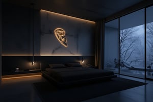 a modern home with clean look ,exotic sexy  lighting  , japanese low bed with black bed sheet   
  ,modern exotic design, detailed sexy woman logo  on bed's back wall, front view image ,noc-futuristic