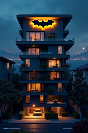 a modern home with clean look ,night lighting  , batman panthouse, batman logo on top of building
  ,modern design, detailed batman panthouse , dynamic view image ,noc-futuristic,street,city