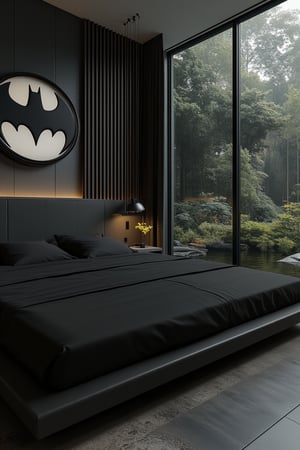 a modern home with clean look ,morning lighting  , japanese low bed with black bed sheet   
  ,modern design, detailed batman logo on bed's back wall, front view image  , detailed glass wall and plants  in background,noc-futuristic